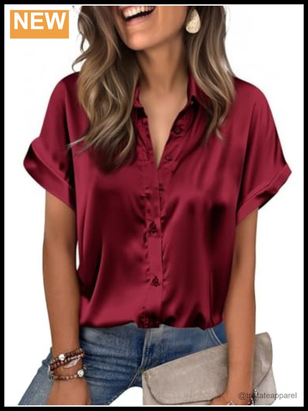 Satin Blouse Short Sleeve Button Down V-Neck Lightweight Silk Top